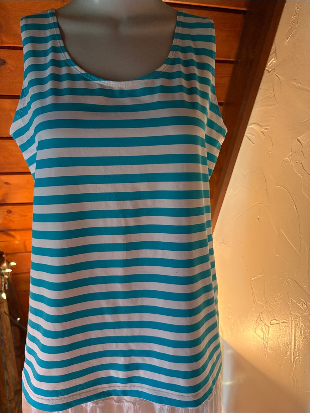 Chico’s Travelers Turquoise & White Striped Coastal Grandmother Tank Size 2